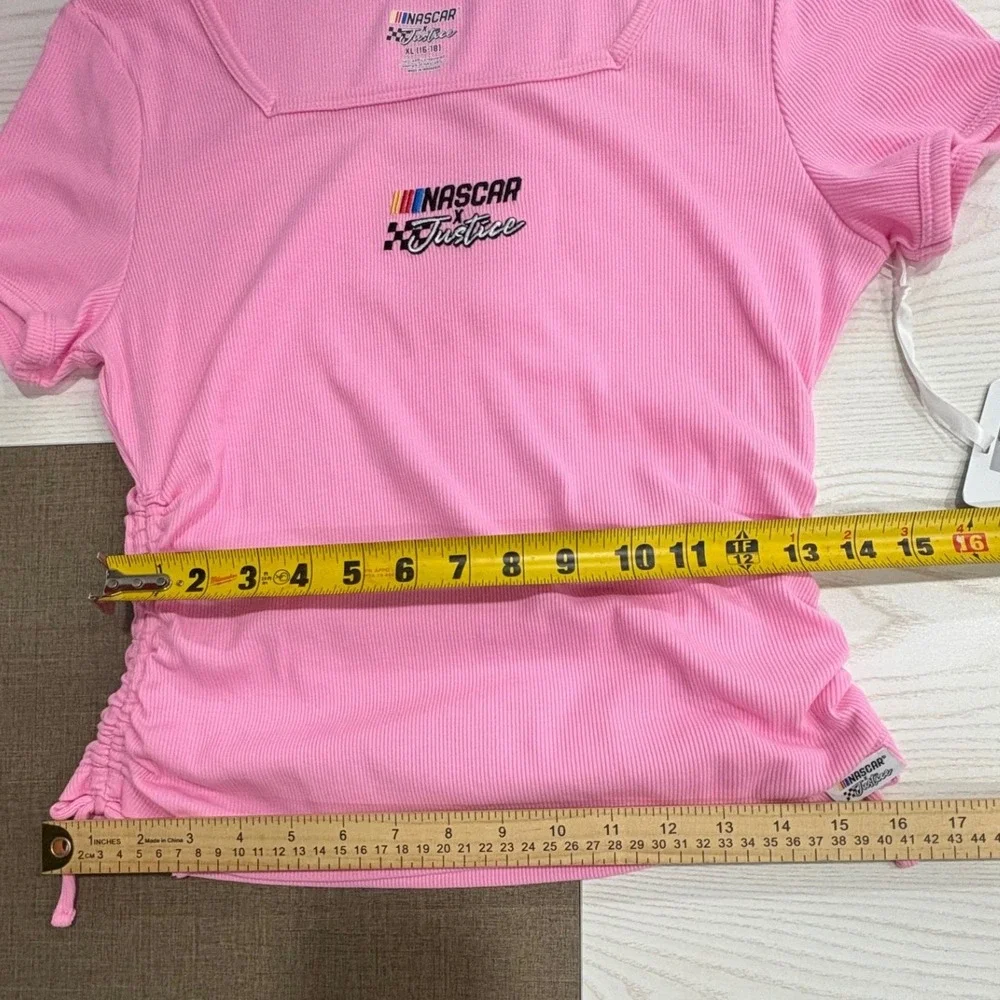 Justice NASCAR Top Girls XL 16-18 Pink Ribbed Cinched Side Square Neck NEW